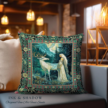 Magic Forest Princess Woven Throw Pillow | Fairytale Fantasy Renaissance Dark Academia Forest Ethereal Woodland Folklore Tapestry Cushion |