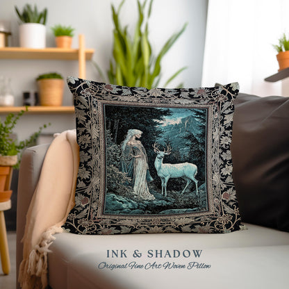 Dreamy Aesthetic Folklore Tapestry Pillow | Moody Landscape Dreamy Woodland Gothic Nature Spirit Botanical Woven Cushion Botanical Fantasy |