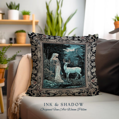 Dreamy Aesthetic Folklore Tapestry Pillow | Moody Landscape Dreamy Woodland Gothic Nature Spirit Botanical Woven Cushion Botanical Fantasy |