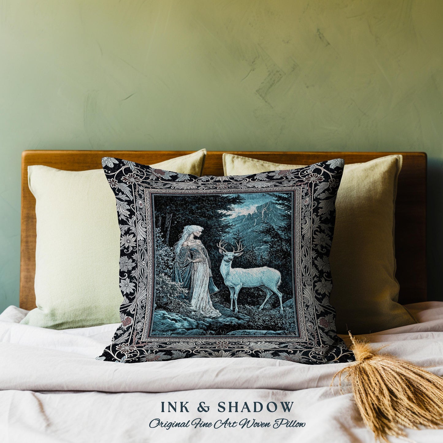 Dreamy Aesthetic Folklore Tapestry Pillow | Moody Landscape Dreamy Woodland Gothic Nature Spirit Botanical Woven Cushion Botanical Fantasy |