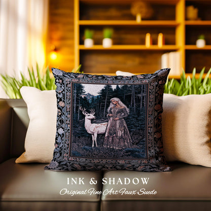 Gothic Forest Spirit Tapestry Pillow | Dark Academia Storybook Aesthetic Witchy Baroque Cushion Forest Nymph Whimsigothic Fantasy Inspired |