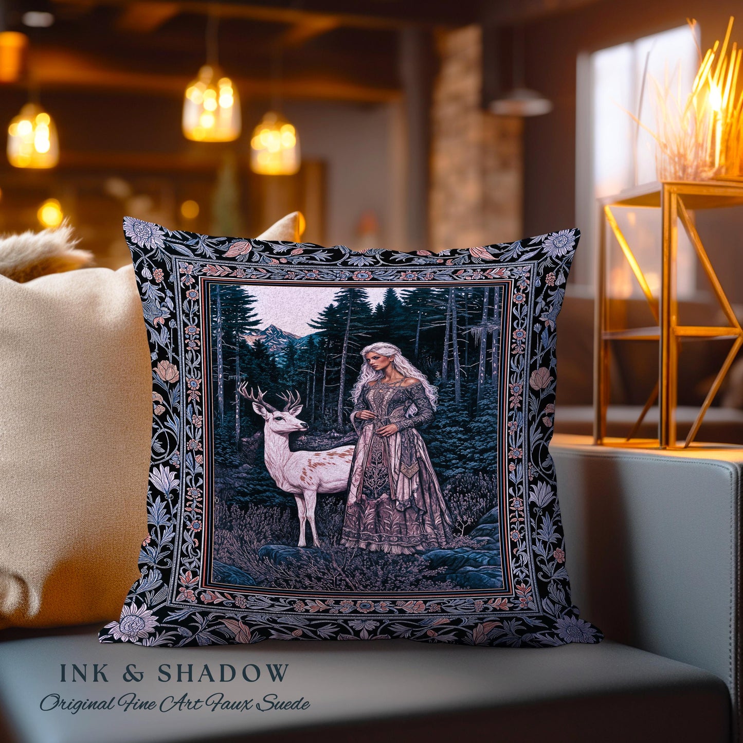 Gothic Forest Spirit Tapestry Pillow | Dark Academia Storybook Aesthetic Witchy Baroque Cushion Forest Nymph Whimsigothic Fantasy Inspired |