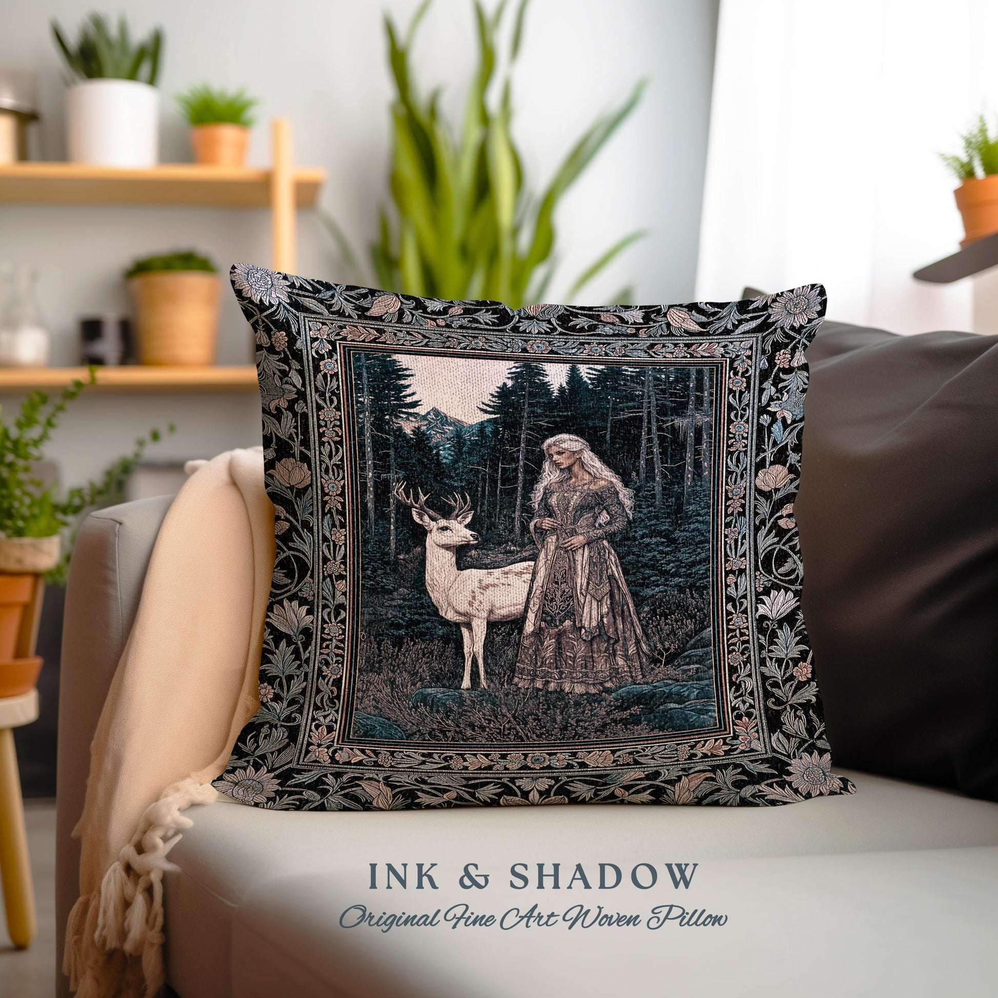 Gothic Forest Spirit Tapestry Pillow | Dark Academia Storybook Aesthetic Witchy Baroque Cushion Forest Nymph Whimsigothic Fantasy Inspired |