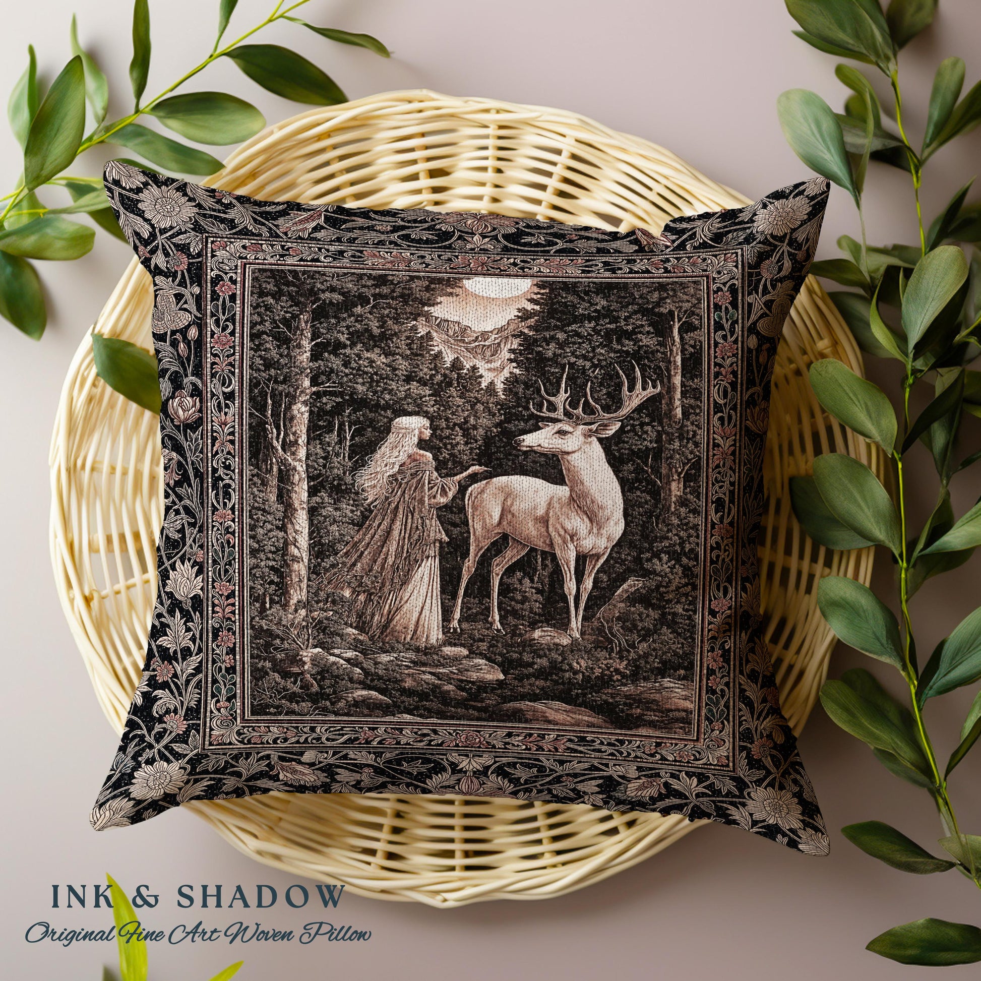 Gothic Woodland Fantasy Throw Pillow | Folklore inspired Nature Landscape Fantasy Aesthetic Woven Tapestry Cushion Victorian Dark Academia |