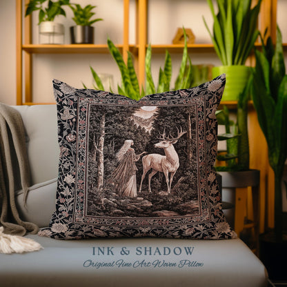 Gothic Woodland Fantasy Throw Pillow | Folklore inspired Nature Landscape Fantasy Aesthetic Woven Tapestry Cushion Victorian Dark Academia |