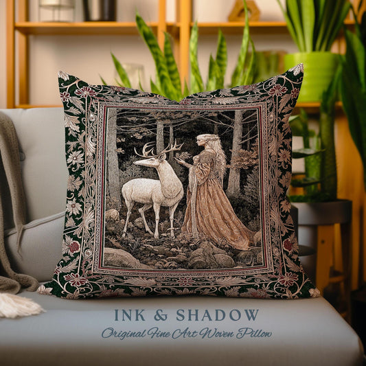 Elven Princess Mystic Woodland Pillow | Forest Nymph Renaissance Aesthetic Fairycore Tapestry Cushion Magic Gothic Woods Ethereal Victorian