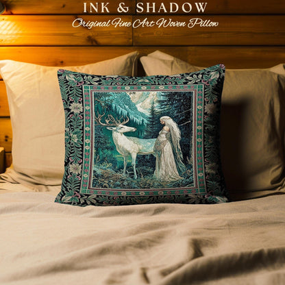 Magic Forest Princess Woven Throw Pillow | Fairytale Fantasy Renaissance Dark Academia Forest Ethereal Woodland Folklore Tapestry Cushion |