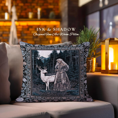 Gothic Forest Spirit Tapestry Pillow | Dark Academia Storybook Aesthetic Witchy Baroque Cushion Forest Nymph Whimsigothic Fantasy Inspired |