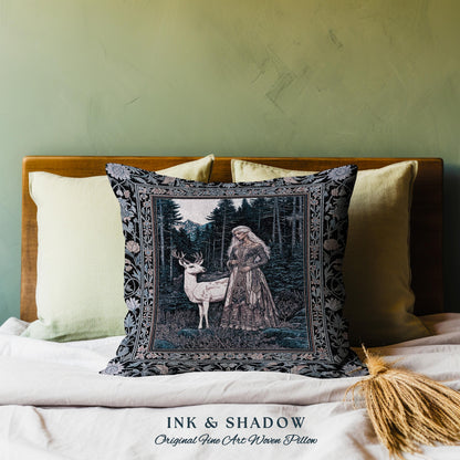 Gothic Forest Spirit Tapestry Pillow | Dark Academia Storybook Aesthetic Witchy Baroque Cushion Forest Nymph Whimsigothic Fantasy Inspired |