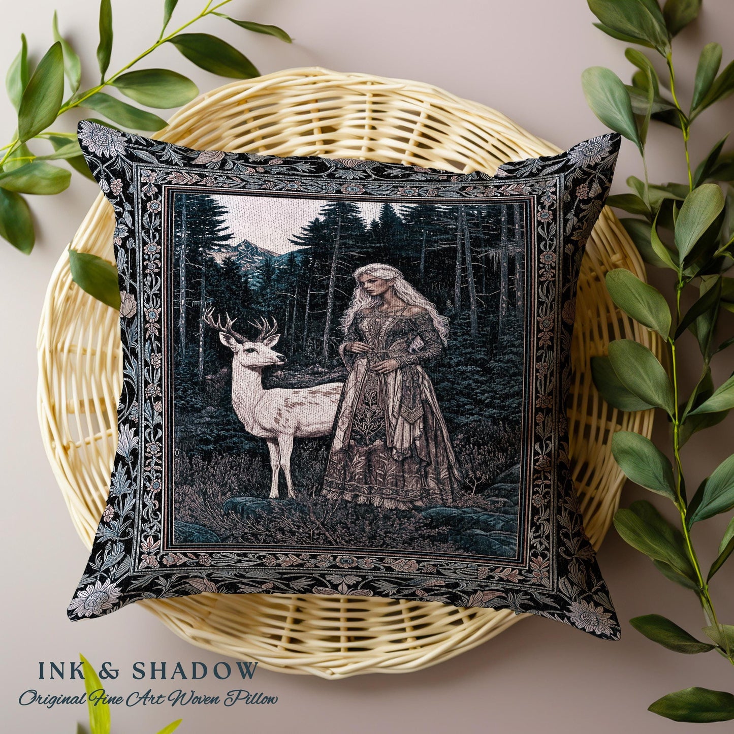 Gothic Forest Spirit Tapestry Pillow | Dark Academia Storybook Aesthetic Witchy Baroque Cushion Forest Nymph Whimsigothic Fantasy Inspired |