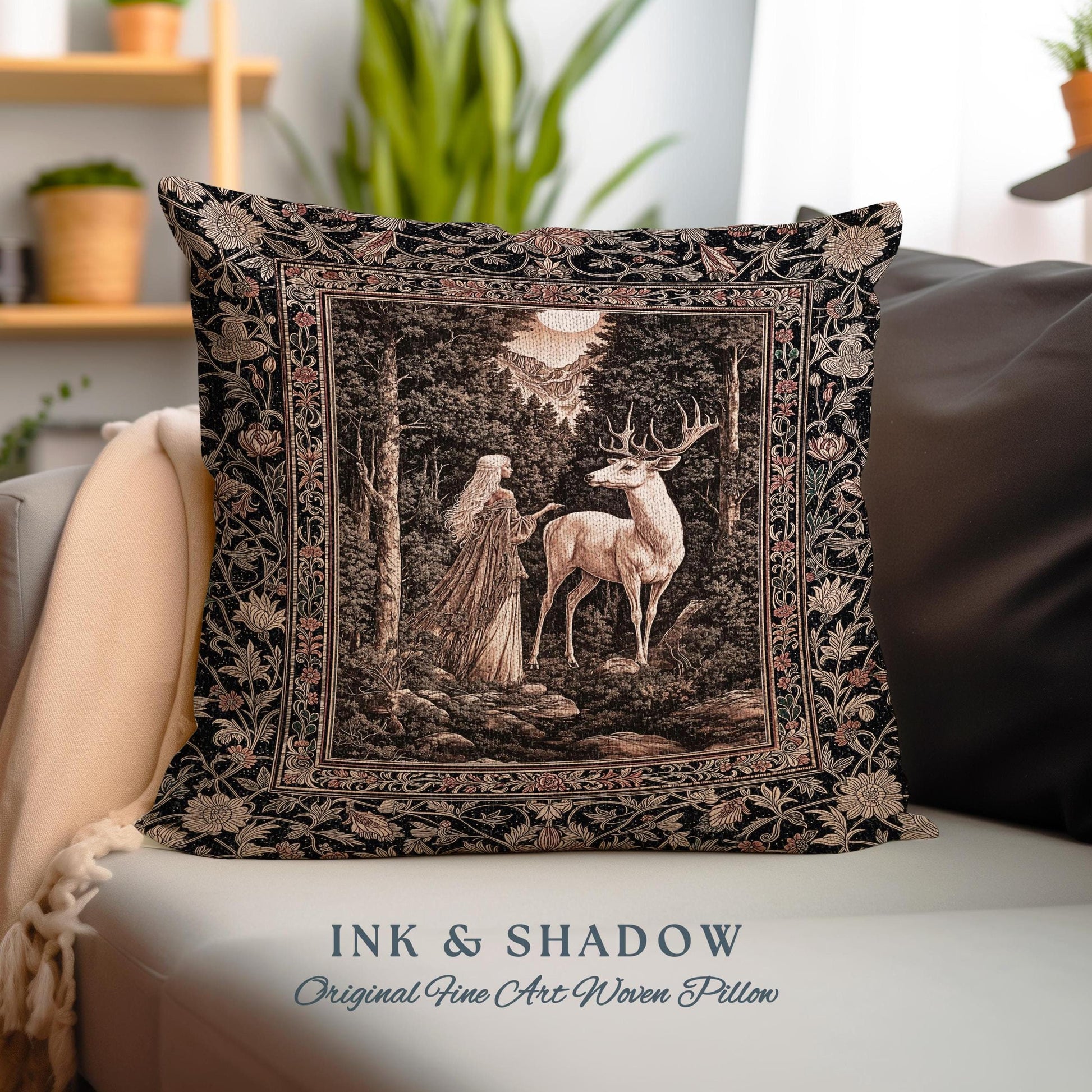 Gothic Woodland Fantasy Throw Pillow | Folklore inspired Nature Landscape Fantasy Aesthetic Woven Tapestry Cushion Victorian Dark Academia |