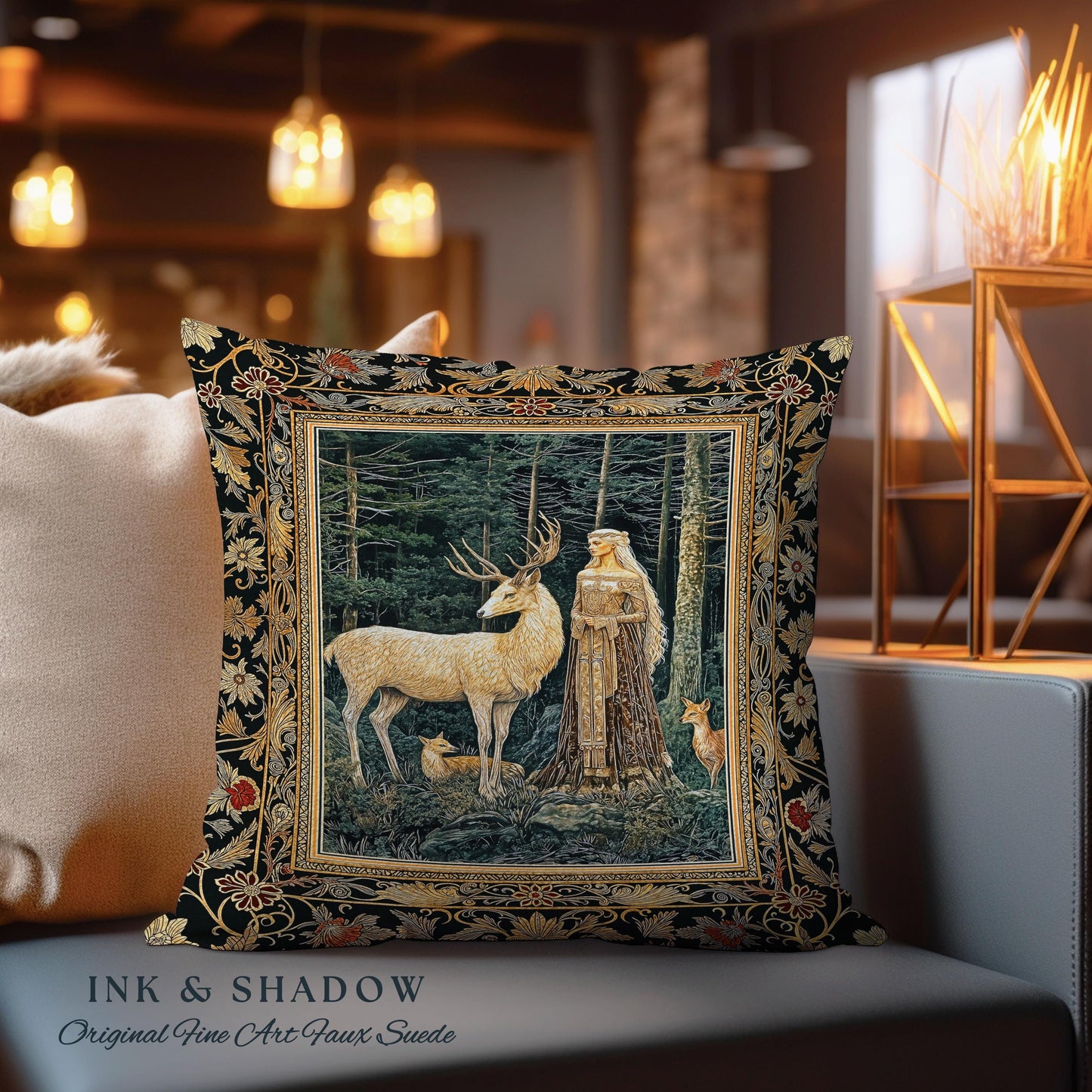 Dark Renaissance Woodland Pillow | Elegant Fairycore Tapestry Pillow Woven Mythic Landscape Gothic Forest Spirit Animal Cushion Forest Nymph