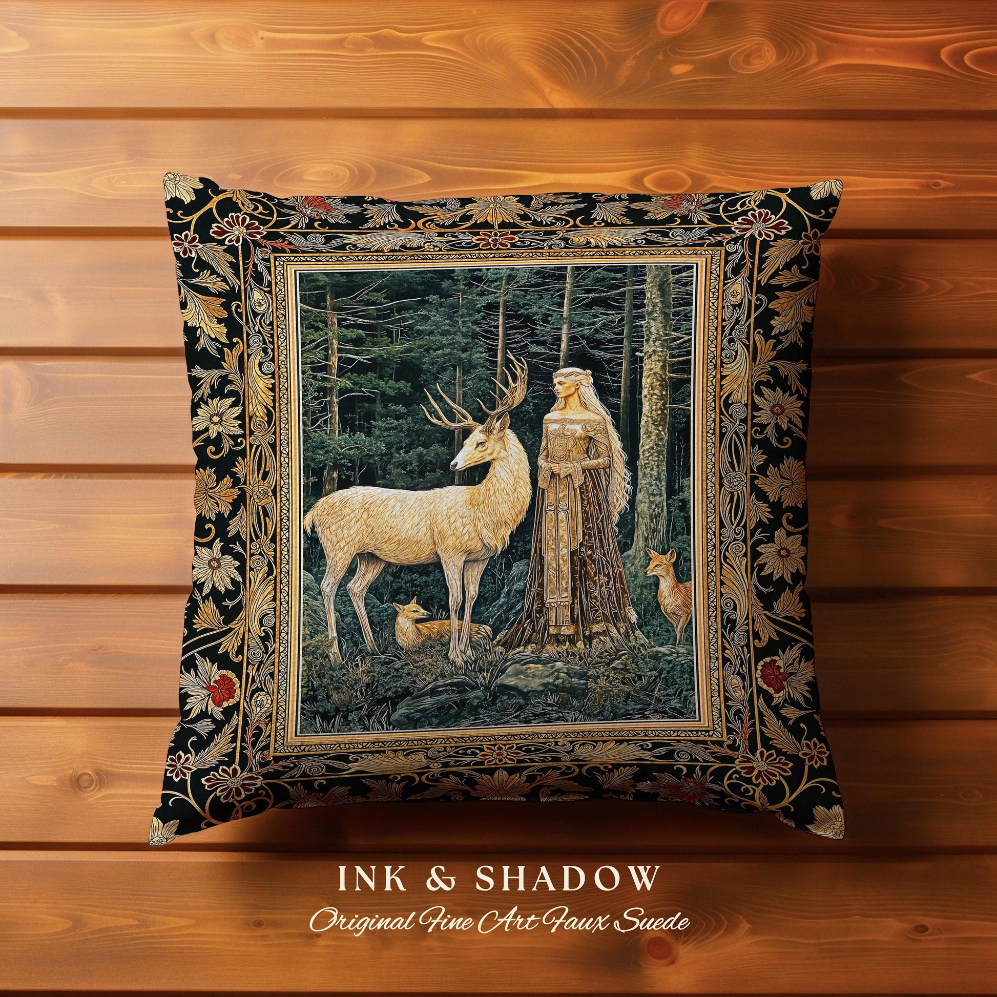 Dark Renaissance Woodland Pillow | Elegant Fairycore Tapestry Pillow Woven Mythic Landscape Gothic Forest Spirit Animal Cushion Forest Nymph