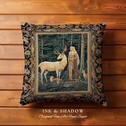 Dark Renaissance Woodland Pillow | Elegant Fairycore Tapestry Pillow Woven Mythic Landscape Gothic Forest Spirit Animal Cushion Forest Nymph