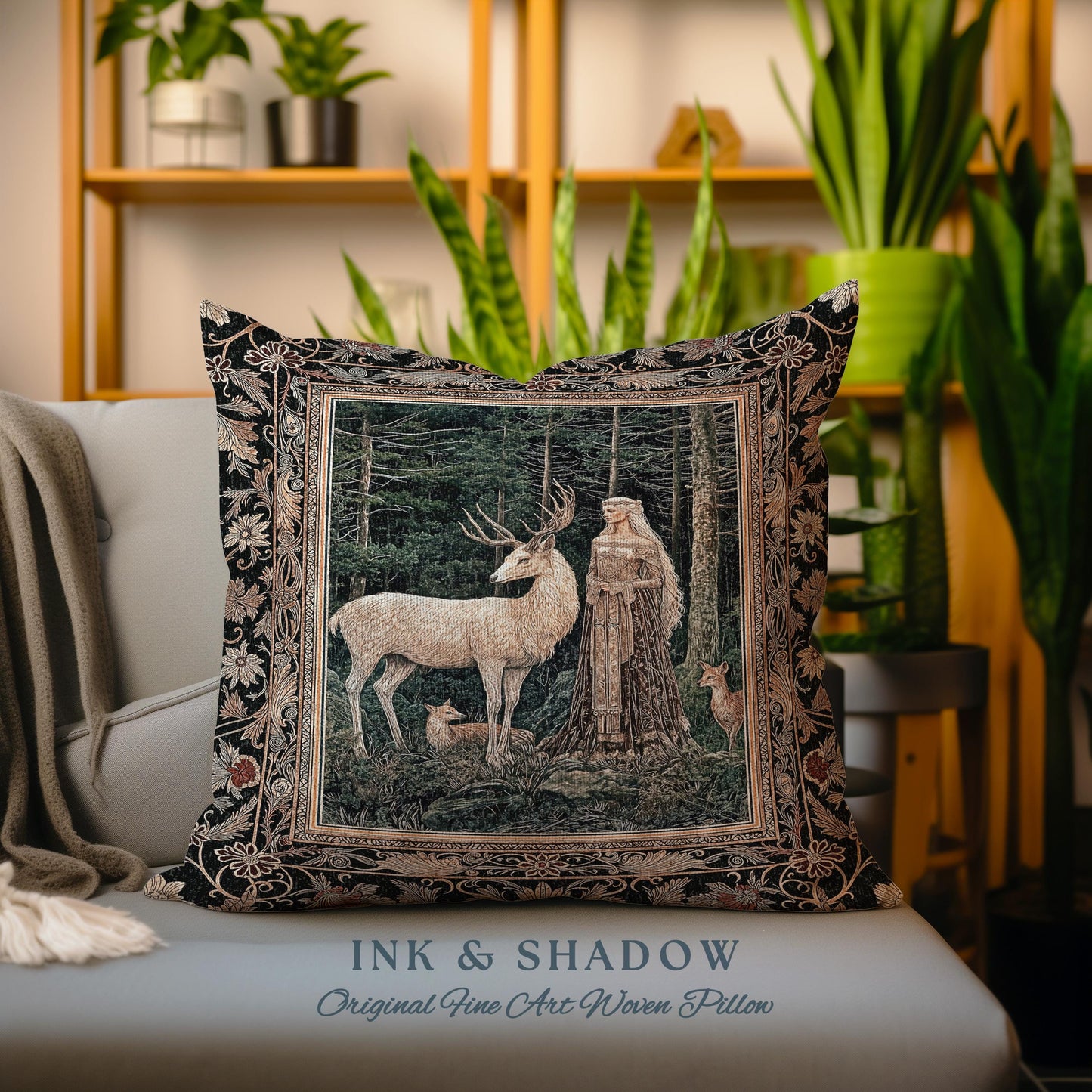 Dark Renaissance Woodland Pillow | Elegant Fairycore Tapestry Pillow Woven Mythic Landscape Gothic Forest Spirit Animal Cushion Forest Nymph