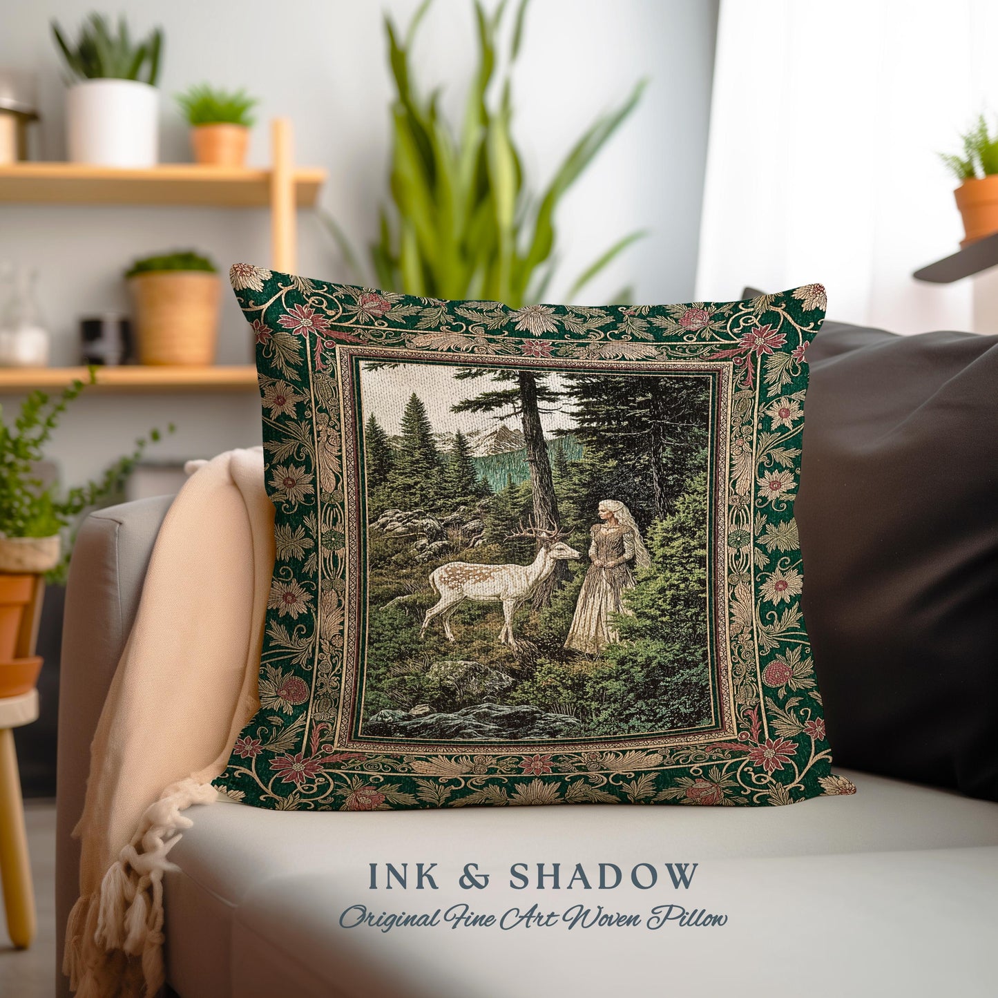 Fairytale Forest Fantasy Throw Pillow | Woodland Whimsy Nymph Tapestry Cushion Woven Emerald Green Dark Fairycore Romantic Victorian Goth |