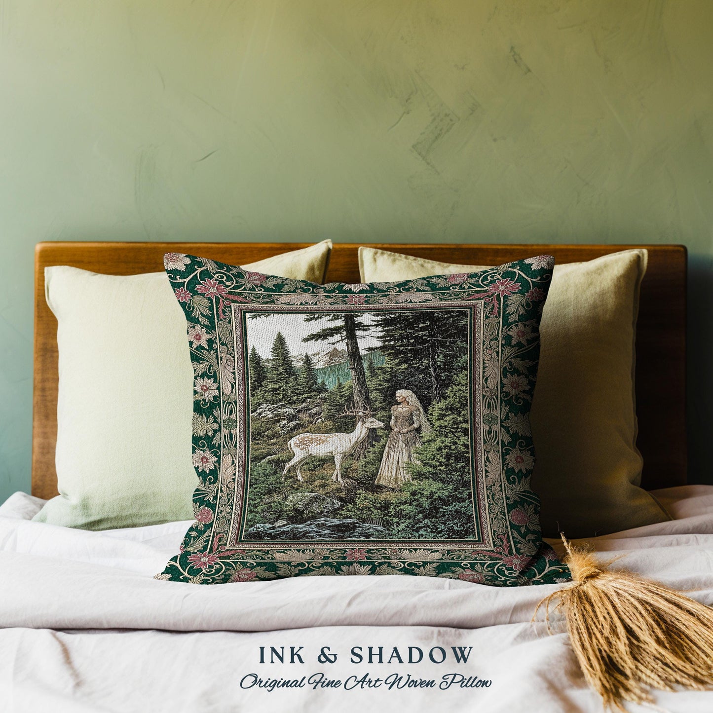 Fairytale Forest Fantasy Throw Pillow | Woodland Whimsy Nymph Tapestry Cushion Woven Emerald Green Dark Fairycore Romantic Victorian Goth |