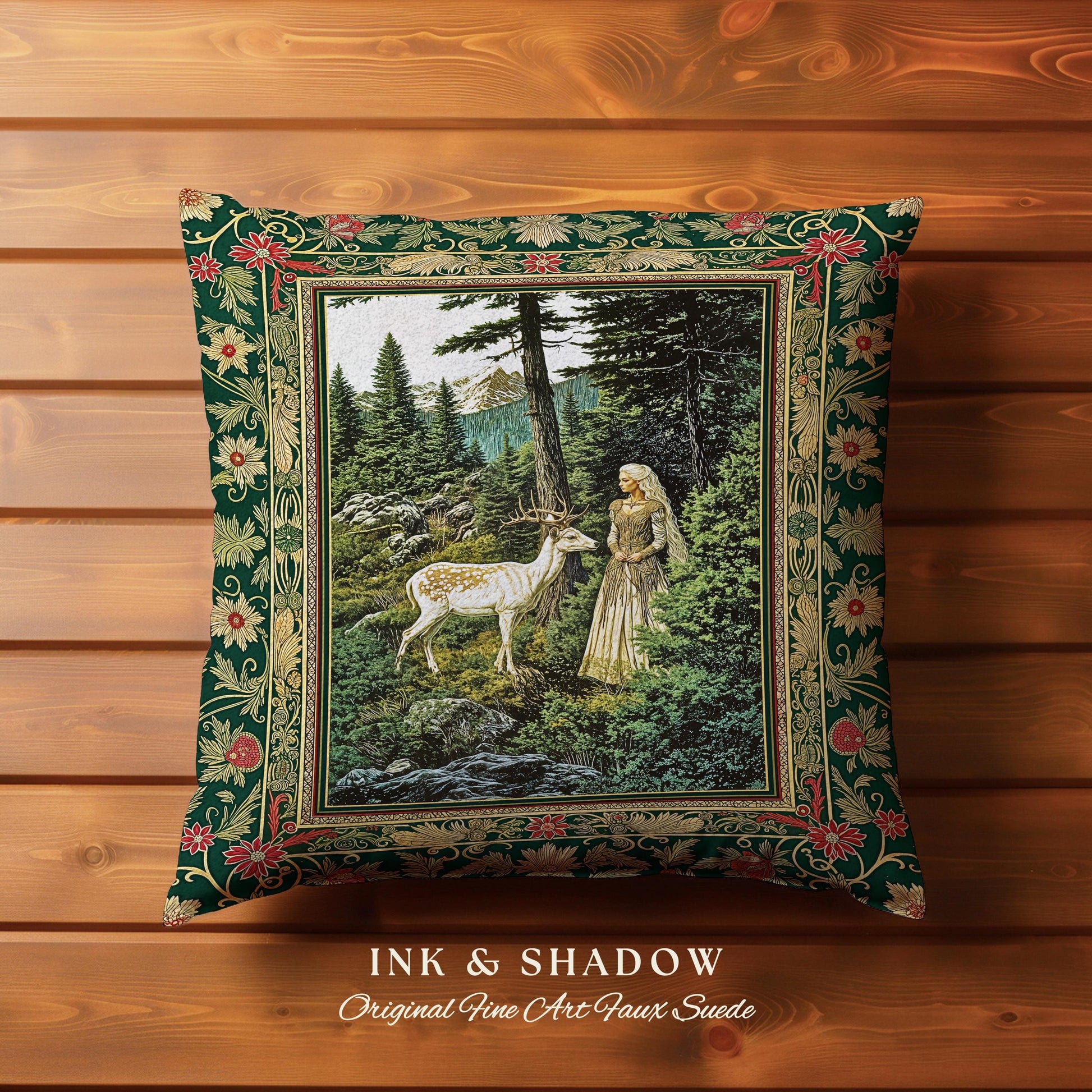 Fairytale Forest Fantasy Throw Pillow | Woodland Whimsy Nymph Tapestry Cushion Woven Emerald Green Dark Fairycore Romantic Victorian Goth |