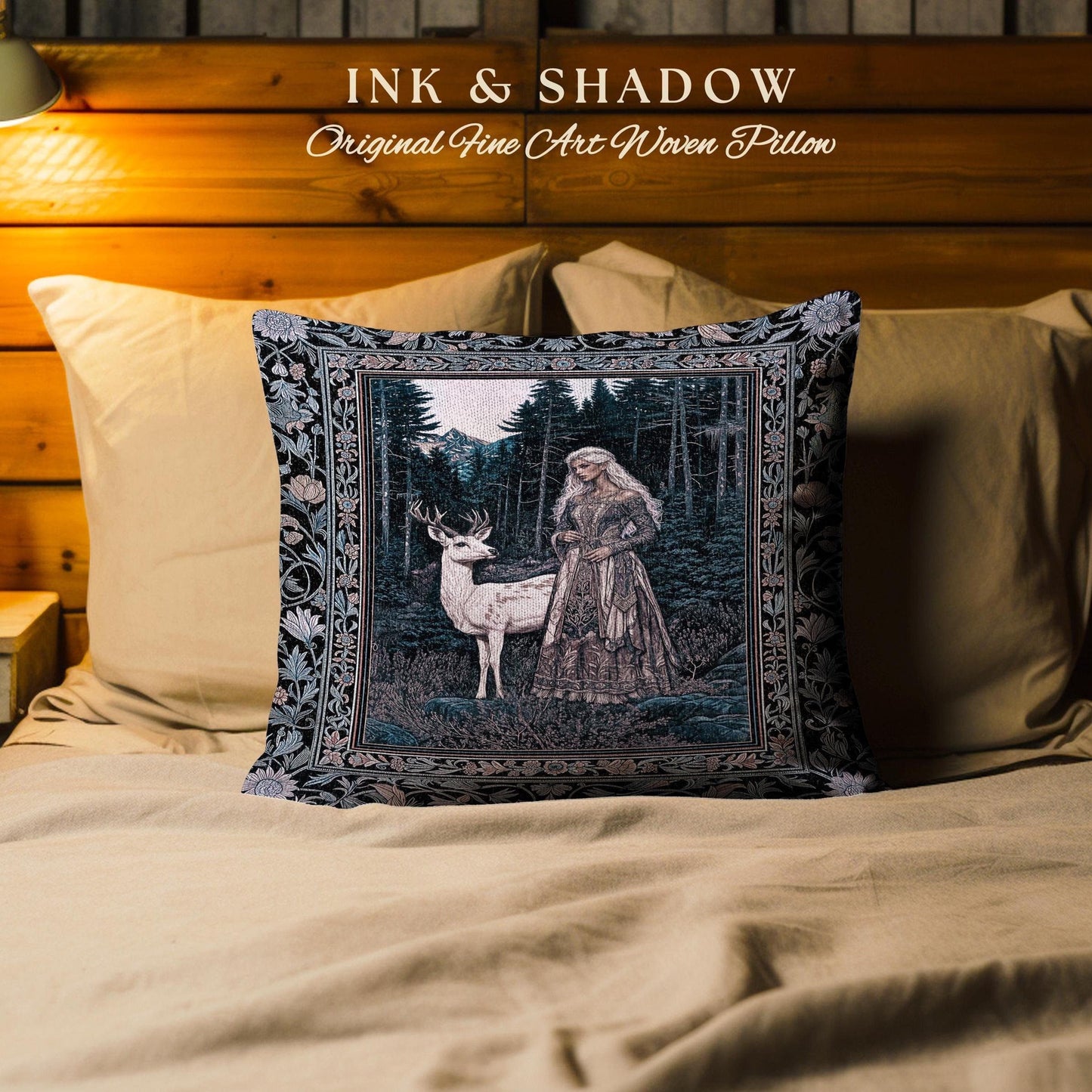 Gothic Forest Spirit Tapestry Pillow | Dark Academia Storybook Aesthetic Witchy Baroque Cushion Forest Nymph Whimsigothic Fantasy Inspired |