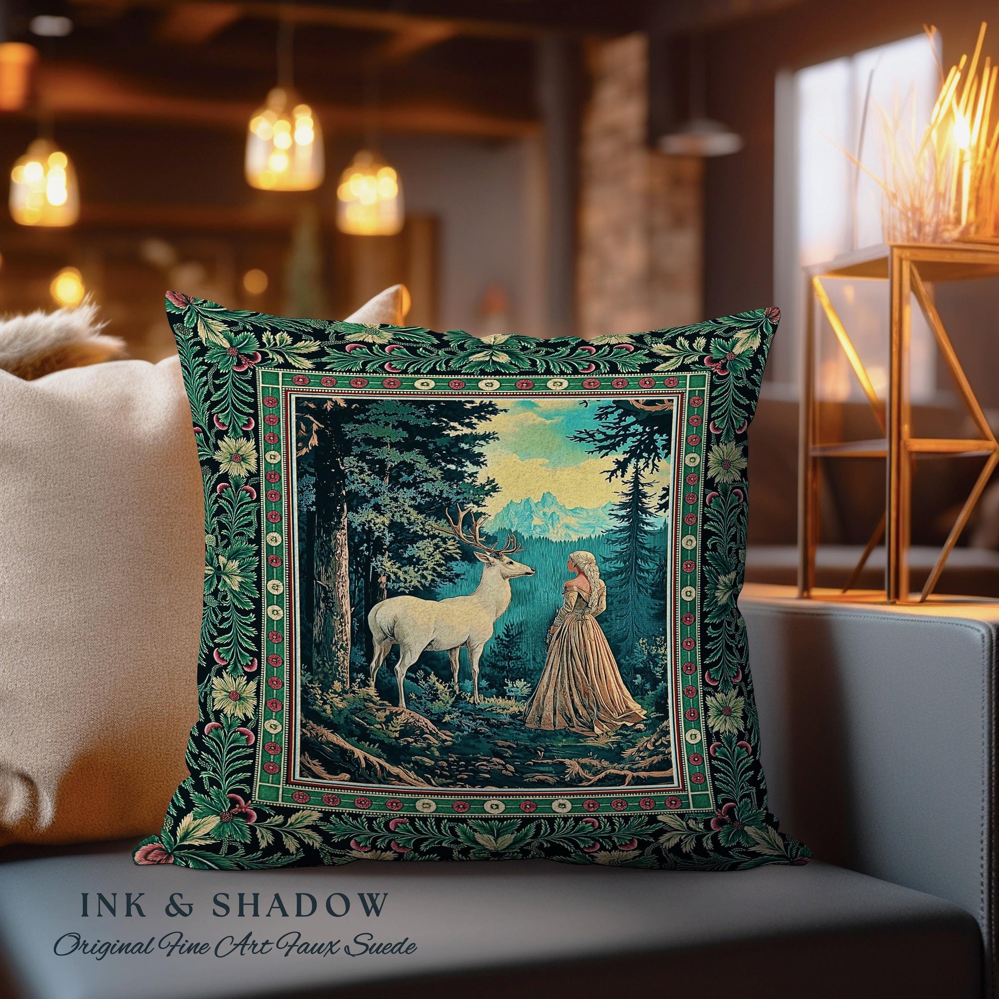 Faerie Realm Mystic Forest Pillow | Enchanted Gothic Landscape Dark Academia Nature Spirits Woven Tapestry Cushion Renaissance Magical Art |