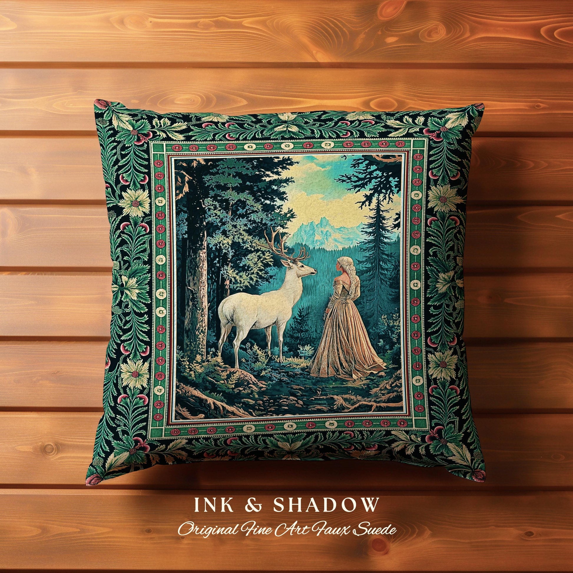 Faerie Realm Mystic Forest Pillow | Enchanted Gothic Landscape Dark Academia Nature Spirits Woven Tapestry Cushion Renaissance Magical Art |