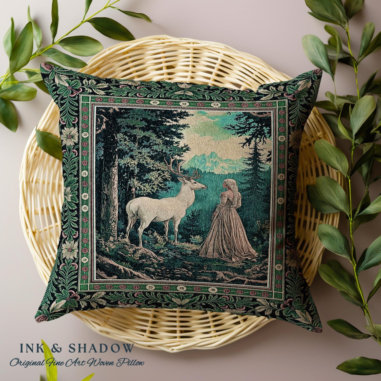 Faerie Realm Mystic Forest Pillow | Enchanted Gothic Landscape Dark Academia Nature Spirits Woven Tapestry Cushion Renaissance Magical Art |