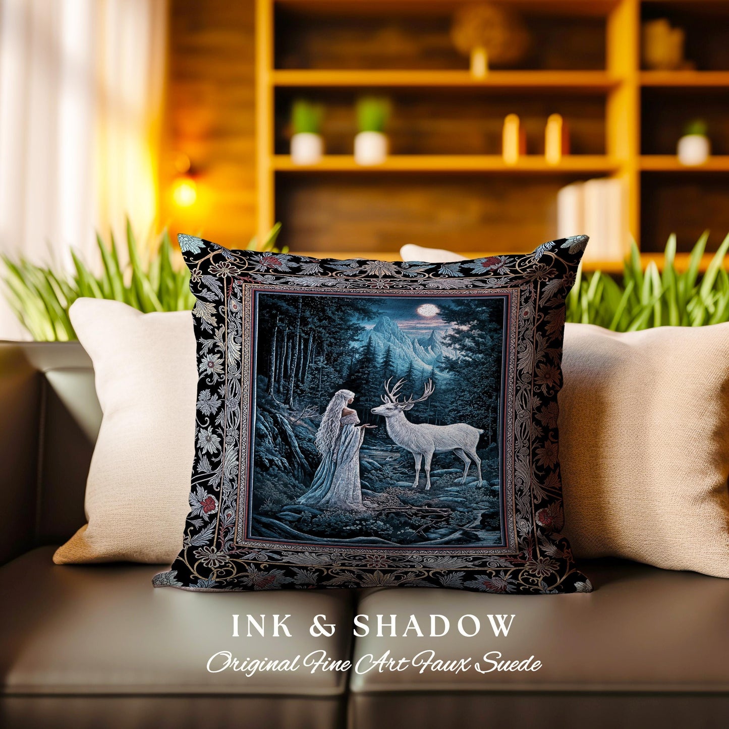 Midnight Magic Moonlit Fantasy Pillow | Forest Goddess Spirit Animal Fairycore Ethereal Woven Pillow Folklore Inspired Tapestry Cushion |