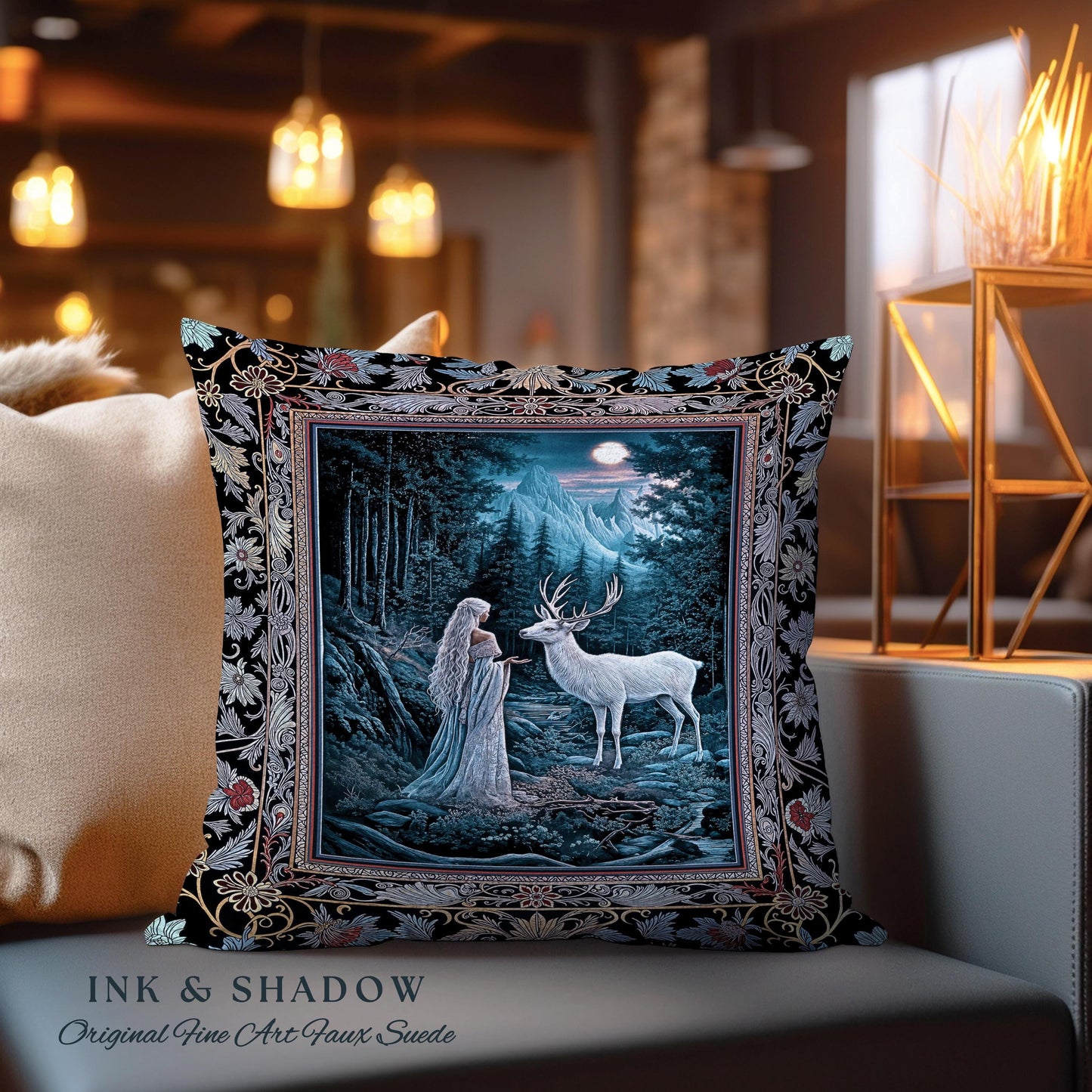 Midnight Magic Moonlit Fantasy Pillow | Forest Goddess Spirit Animal Fairycore Ethereal Woven Pillow Folklore Inspired Tapestry Cushion |