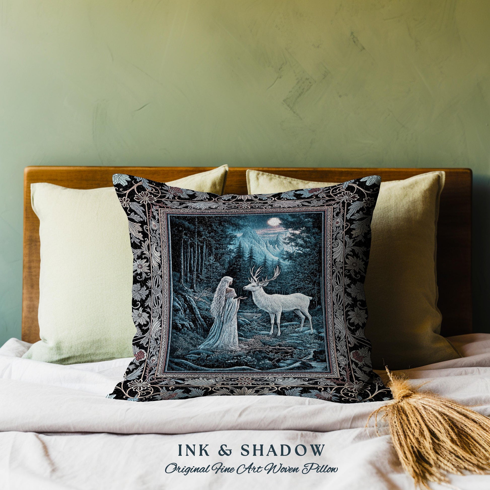 Midnight Magic Moonlit Fantasy Pillow | Forest Goddess Spirit Animal Fairycore Ethereal Woven Pillow Folklore Inspired Tapestry Cushion |