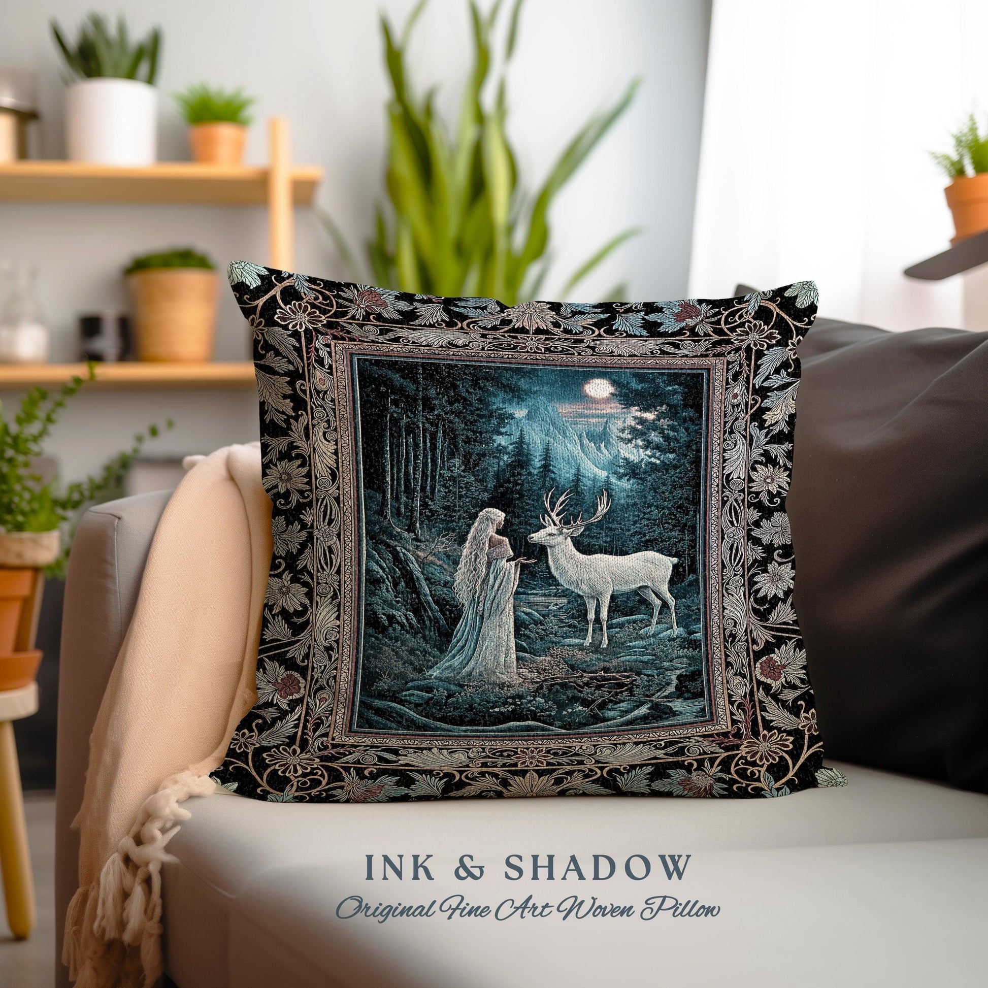 Midnight Magic Moonlit Fantasy Pillow | Forest Goddess Spirit Animal Fairycore Ethereal Woven Pillow Folklore Inspired Tapestry Cushion |