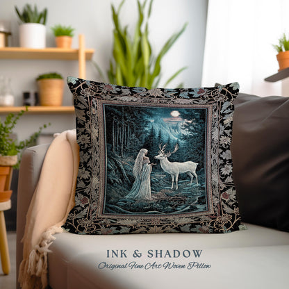 Midnight Magic Moonlit Fantasy Pillow | Forest Goddess Spirit Animal Fairycore Ethereal Woven Pillow Folklore Inspired Tapestry Cushion |