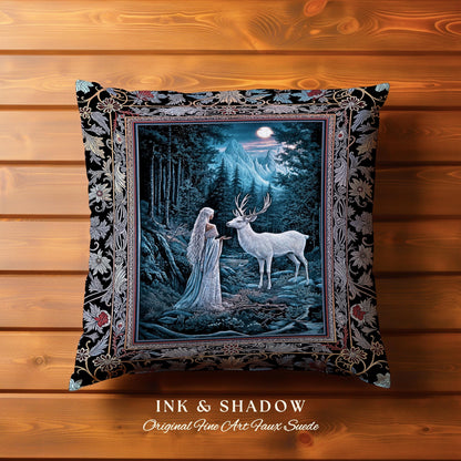 Midnight Magic Moonlit Fantasy Pillow | Forest Goddess Spirit Animal Fairycore Ethereal Woven Pillow Folklore Inspired Tapestry Cushion |