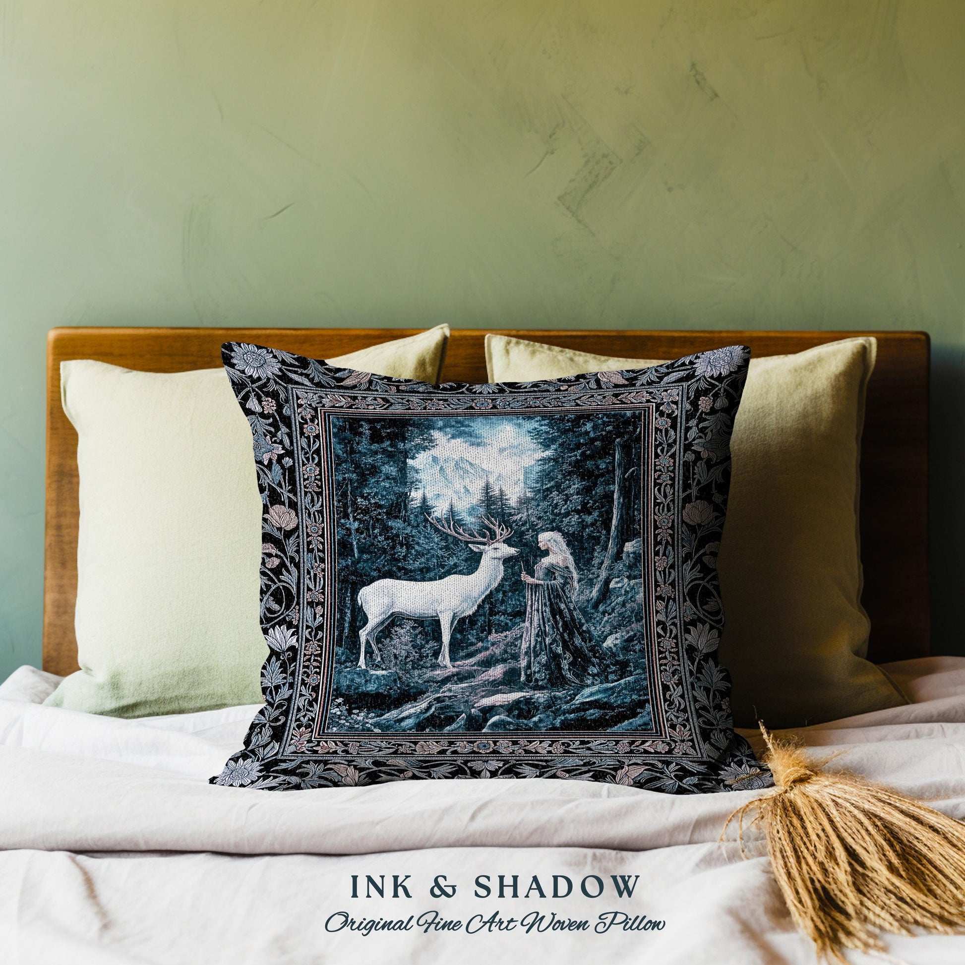 Goddess of the Woods Woven Pillow | Ethereal Forest Folklore Inspired Nature Throw Pillow Botanical Cushion Cottagecore Medieval Romantic |