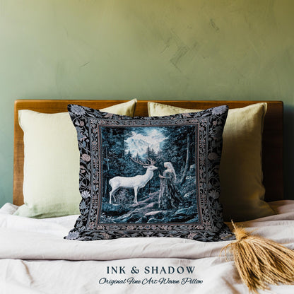 Goddess of the Woods Woven Pillow | Ethereal Forest Folklore Inspired Nature Throw Pillow Botanical Cushion Cottagecore Medieval Romantic |