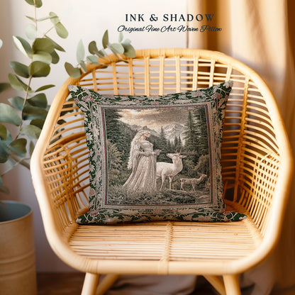 Enchanted Lands Medieval Tapestry Pillow | Gothic Landscape Fantasy Throw Pillow Woven Dark Fairycore Romantic Victorian Gothic Fairytale |