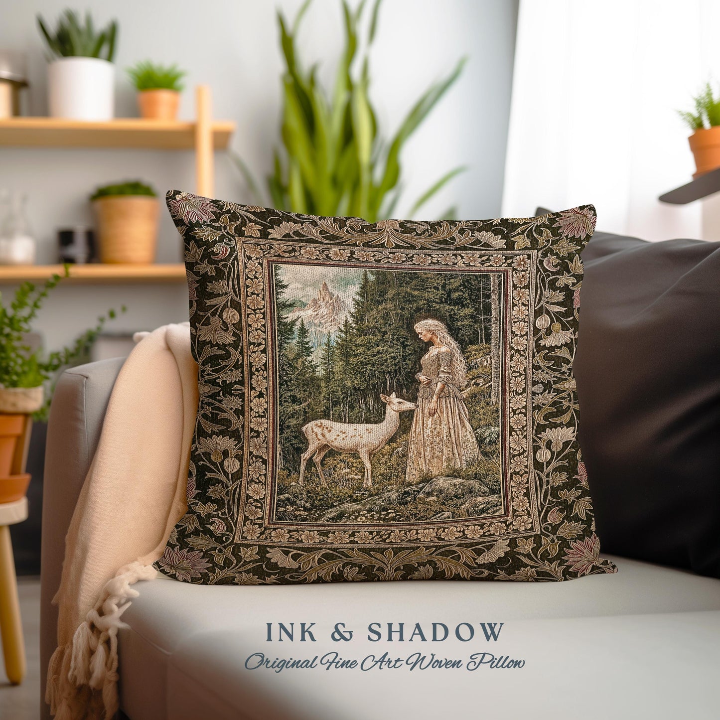 Whimsy Woodland Goddess Throw Pillow | Elegant Fairytale Tapestry Woven Cushion Victorian Botanical Princess Mystic Deer Forest Spirit Art |