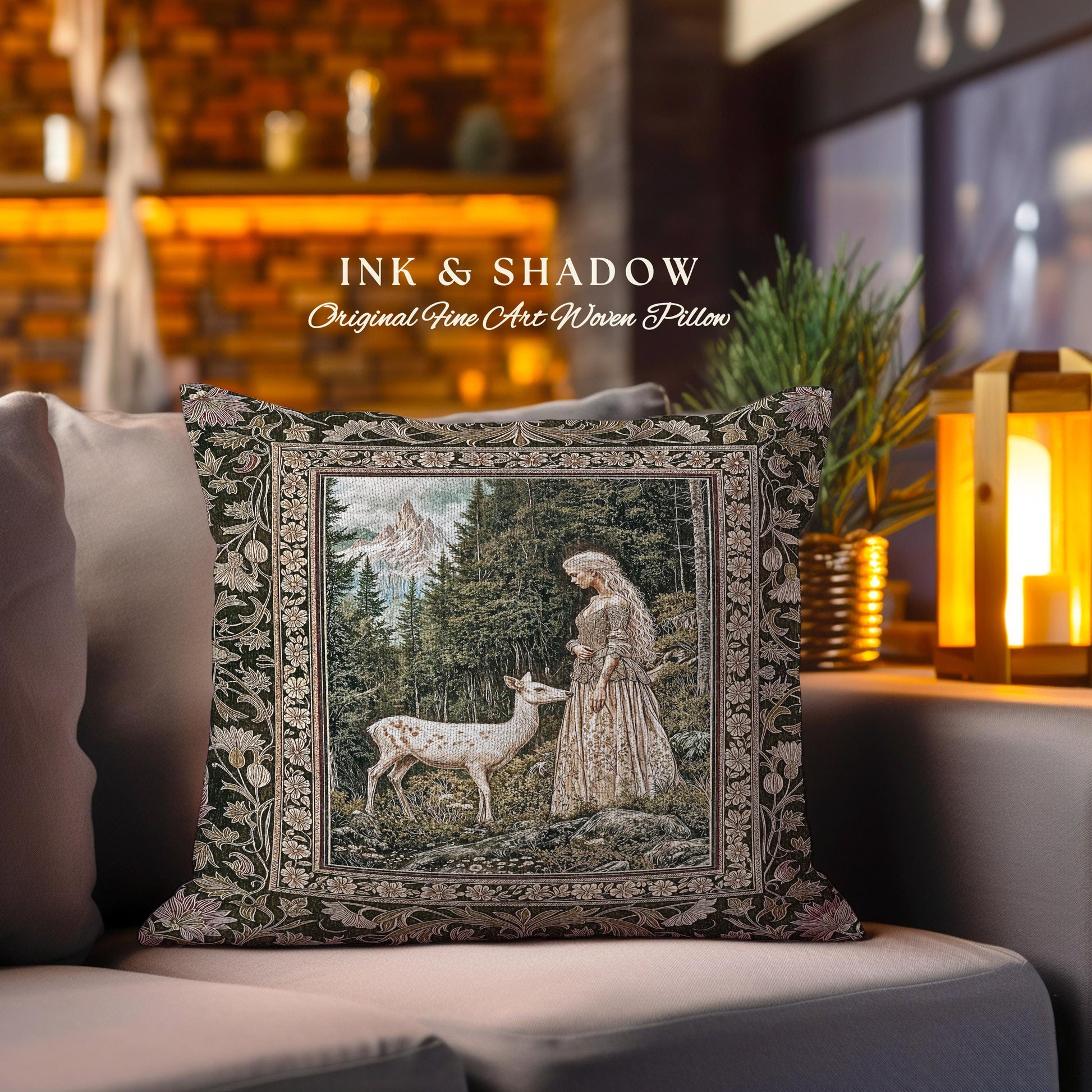 Whimsy Woodland Goddess Throw Pillow | Elegant Fairytale Tapestry Woven Cushion Victorian Botanical Princess Mystic Deer Forest Spirit Art |