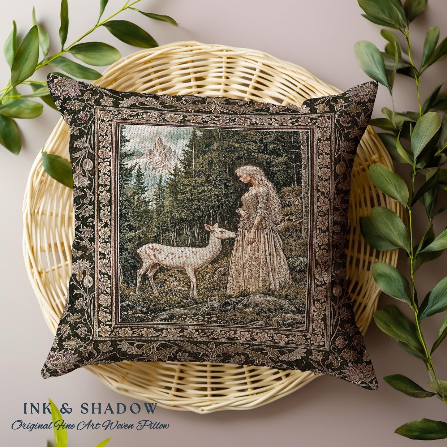 Whimsy Woodland Goddess Throw Pillow | Elegant Fairytale Tapestry Woven Cushion Victorian Botanical Princess Mystic Deer Forest Spirit Art |