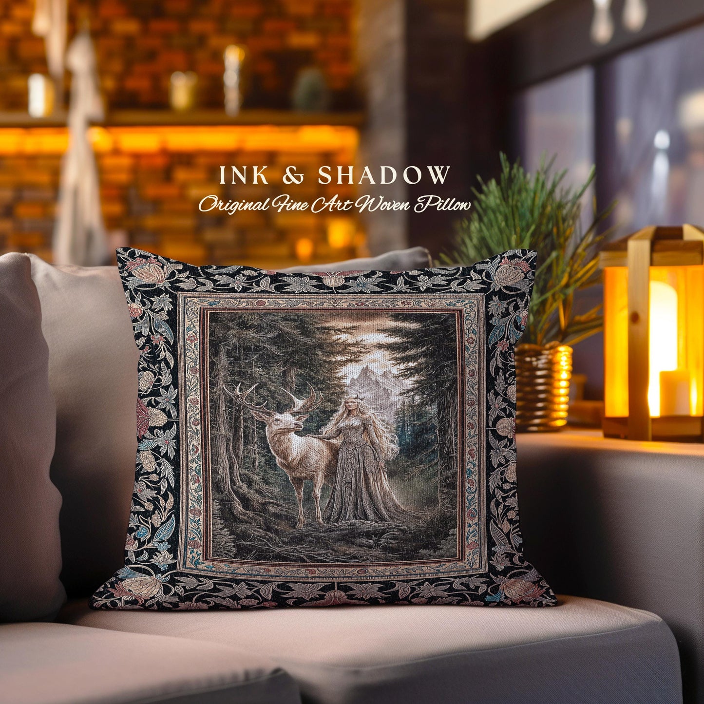 Enchanted Woods Fairytale Woven Pillow | Dark Cottagecore Whimsical Royal Gothic Folklore Inspired Woodland Magic Landscape Tapestry Cushion