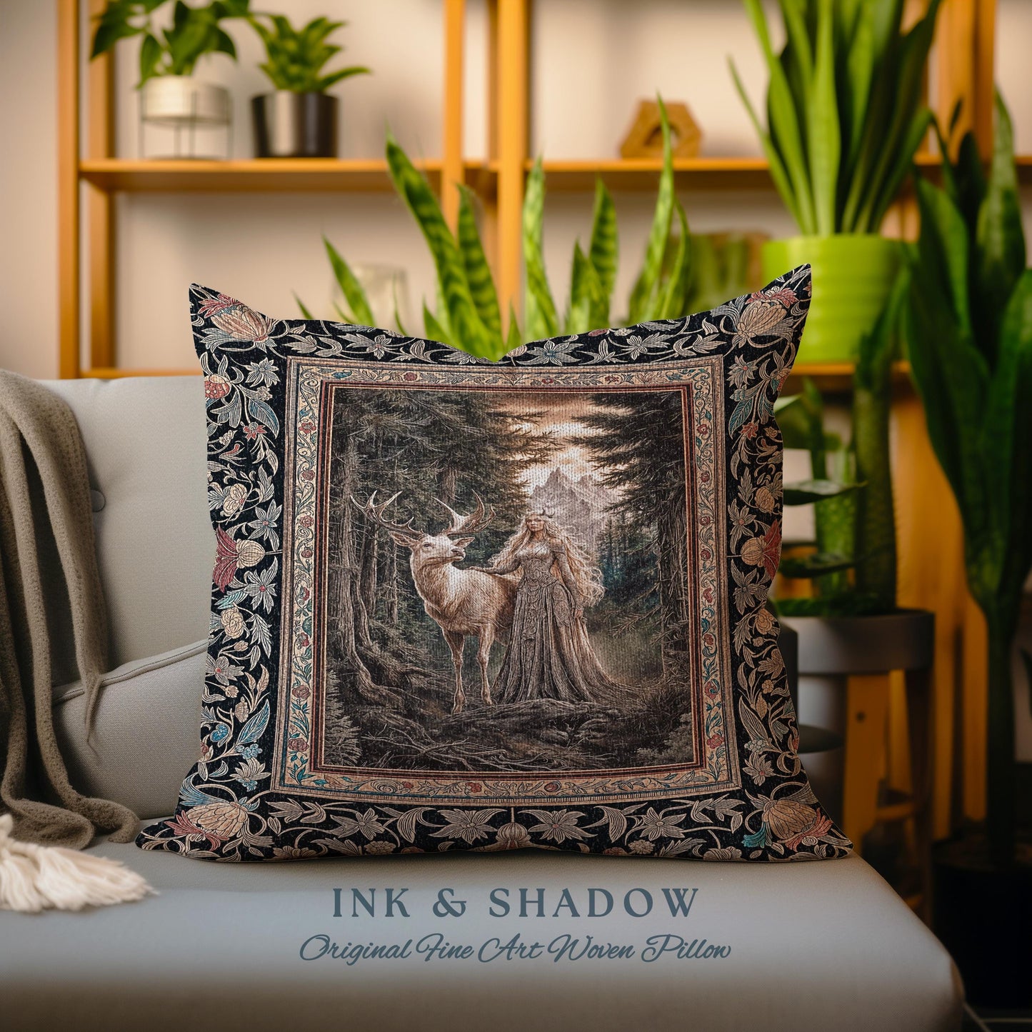 Enchanted Woods Fairytale Woven Pillow | Dark Cottagecore Whimsical Royal Gothic Folklore Inspired Woodland Magic Landscape Tapestry Cushion