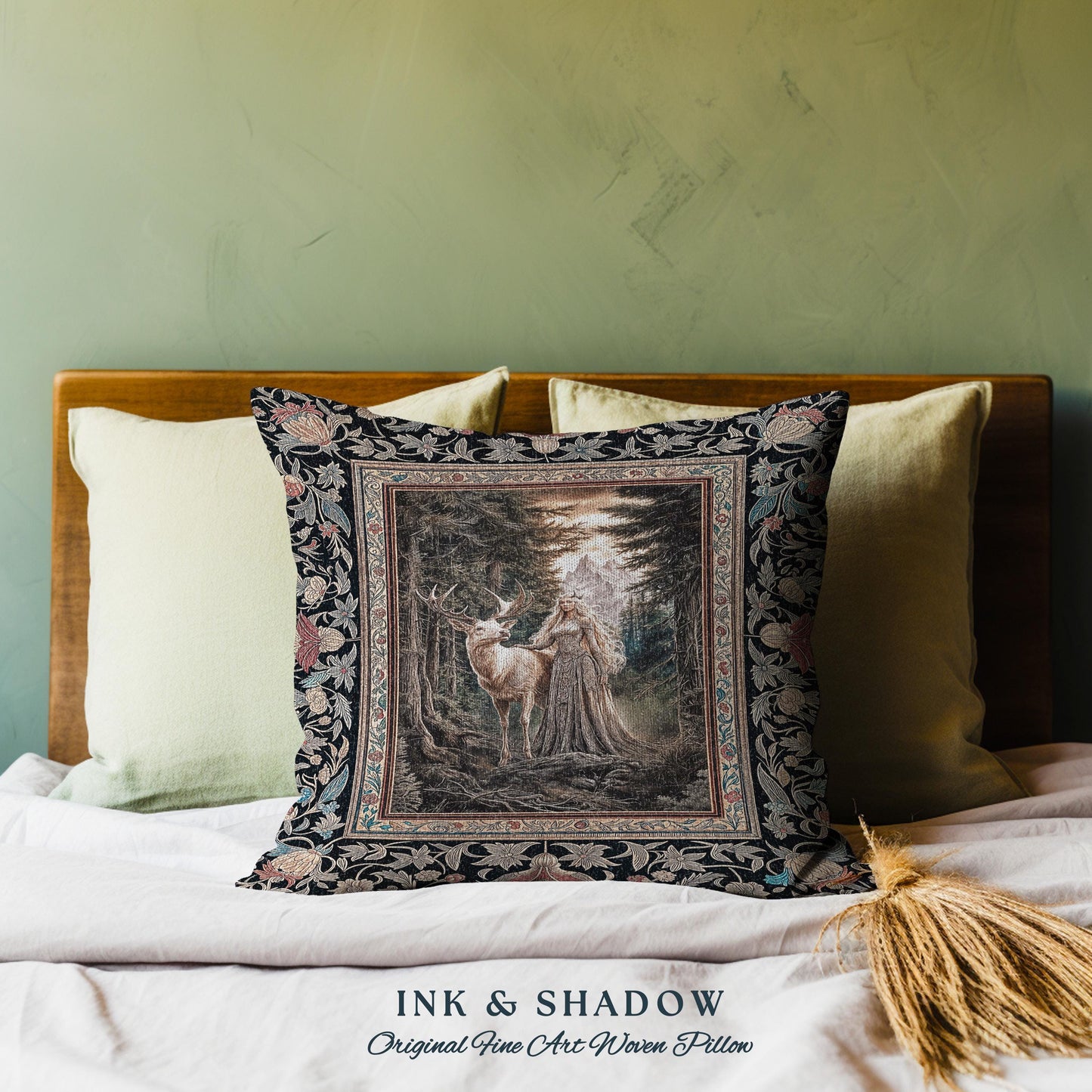 Enchanted Woods Fairytale Woven Pillow | Dark Cottagecore Whimsical Royal Gothic Folklore Inspired Woodland Magic Landscape Tapestry Cushion