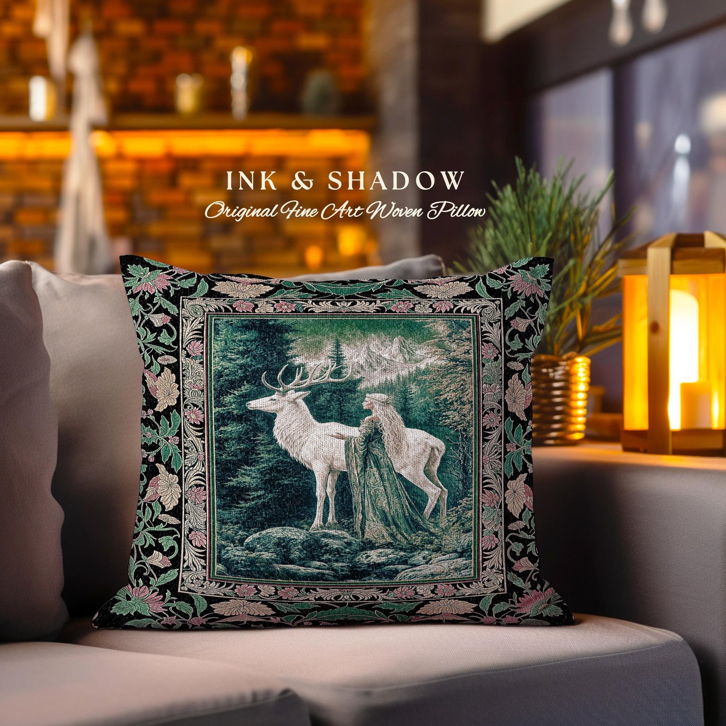 Woodland Guardian Ethereal Throw Pillow | Forest Goddess Tapestry Cushion Folklore Fairytale Fantasy Renaissance Dark Academia Forest Spirit