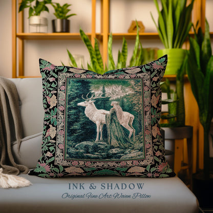 Woodland Guardian Ethereal Throw Pillow | Forest Goddess Tapestry Cushion Folklore Fairytale Fantasy Renaissance Dark Academia Forest Spirit