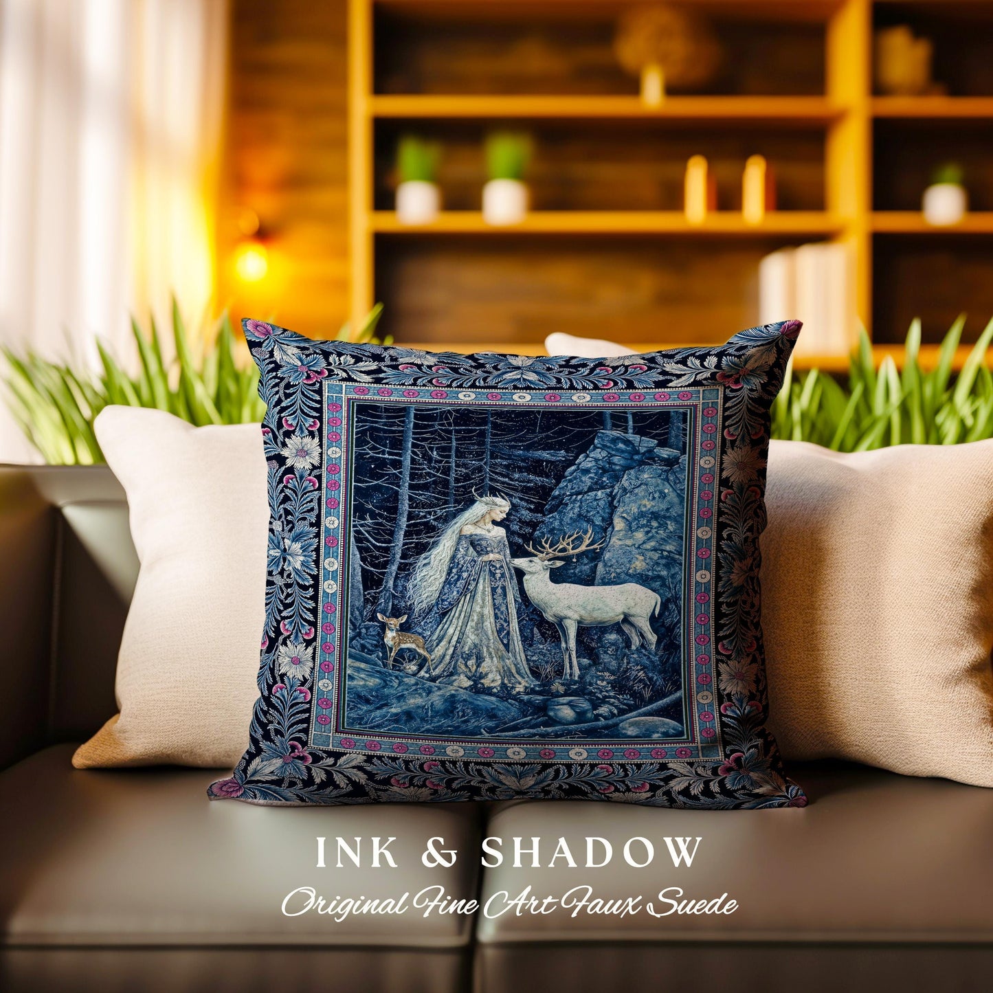 Spirit Animals Ethereal Goddess Pillow | Storybook Aesthetic Magical Forest Nymph Fantasy Woven Tapestry Cushion Dark Victorian Woodland |