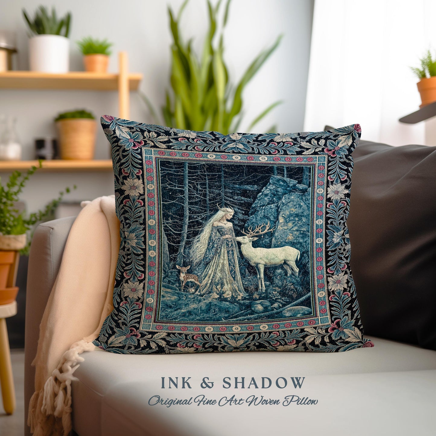 Spirit Animals Ethereal Goddess Pillow | Storybook Aesthetic Magical Forest Nymph Fantasy Woven Tapestry Cushion Dark Victorian Woodland |