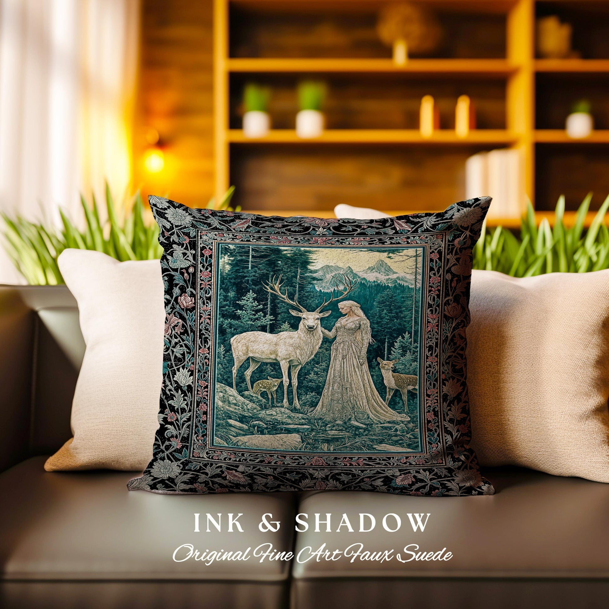 Twilight Forest Spirits Throw Pillow | Mythic Woodland Fairycore Tapestry Cushion Royal Renaissance Folklore Landscape Woven Victorian Decor