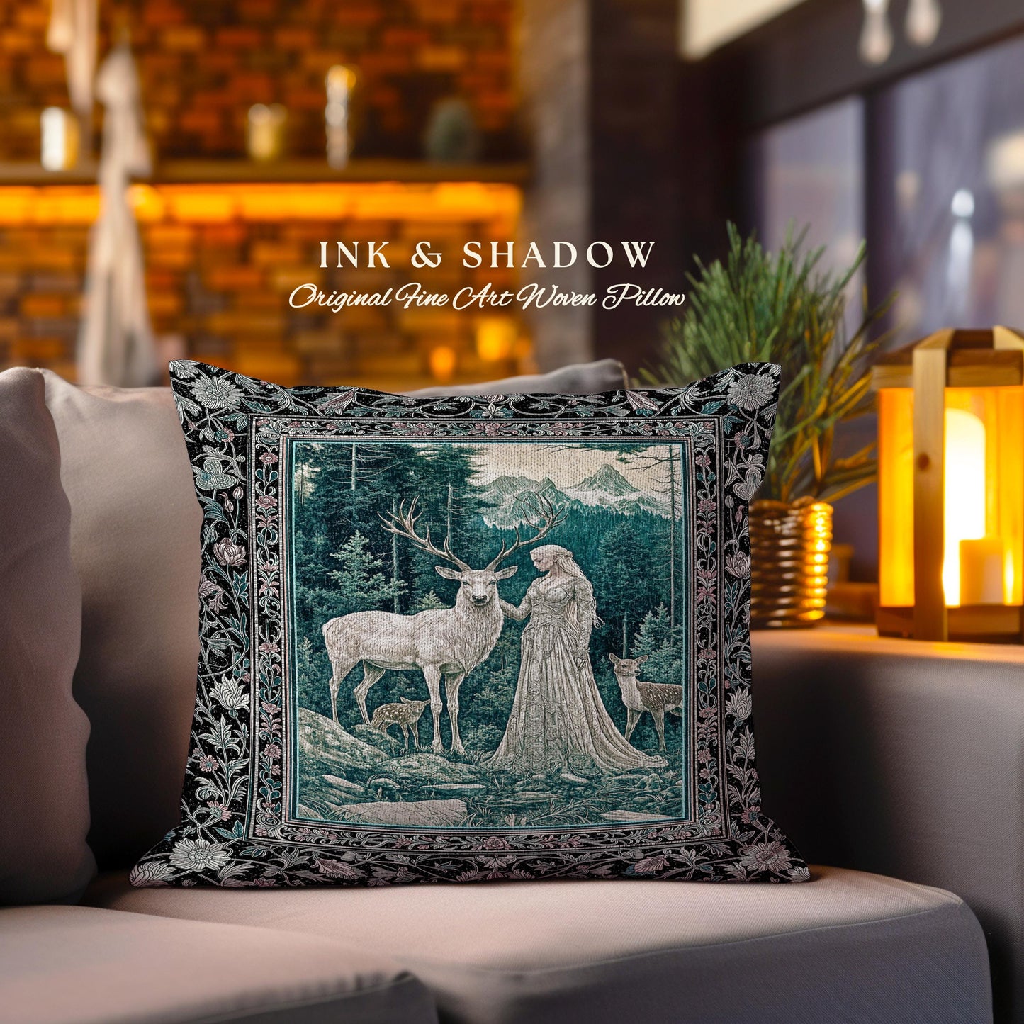 Twilight Forest Spirits Throw Pillow | Mythic Woodland Fairycore Tapestry Cushion Royal Renaissance Folklore Landscape Woven Victorian Decor