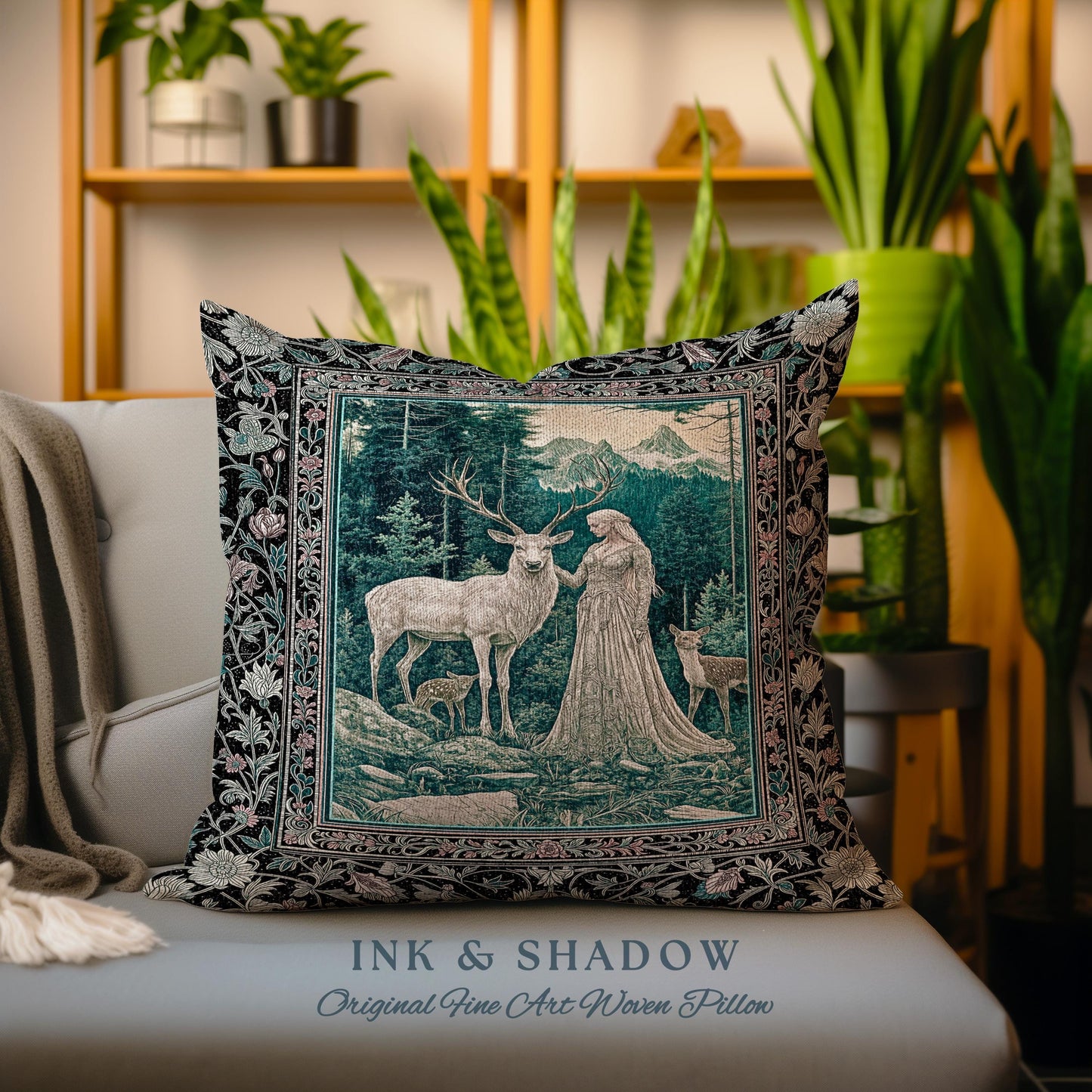 Twilight Forest Spirits Throw Pillow | Mythic Woodland Fairycore Tapestry Cushion Royal Renaissance Folklore Landscape Woven Victorian Decor