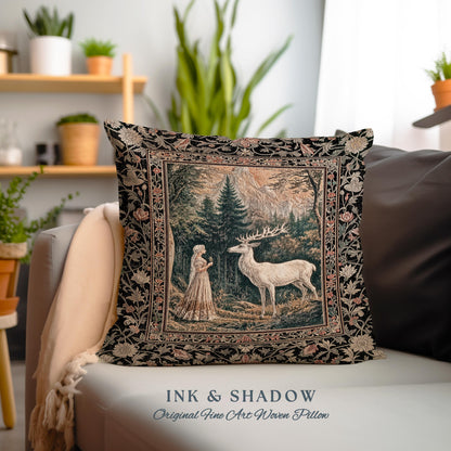 Mythic Landscape Gothic Forest Pillow | Woodland Goddess Mystic Deer Woven Tapestry Cushion Forest Nymph Fairycore Magical Botanical Scene