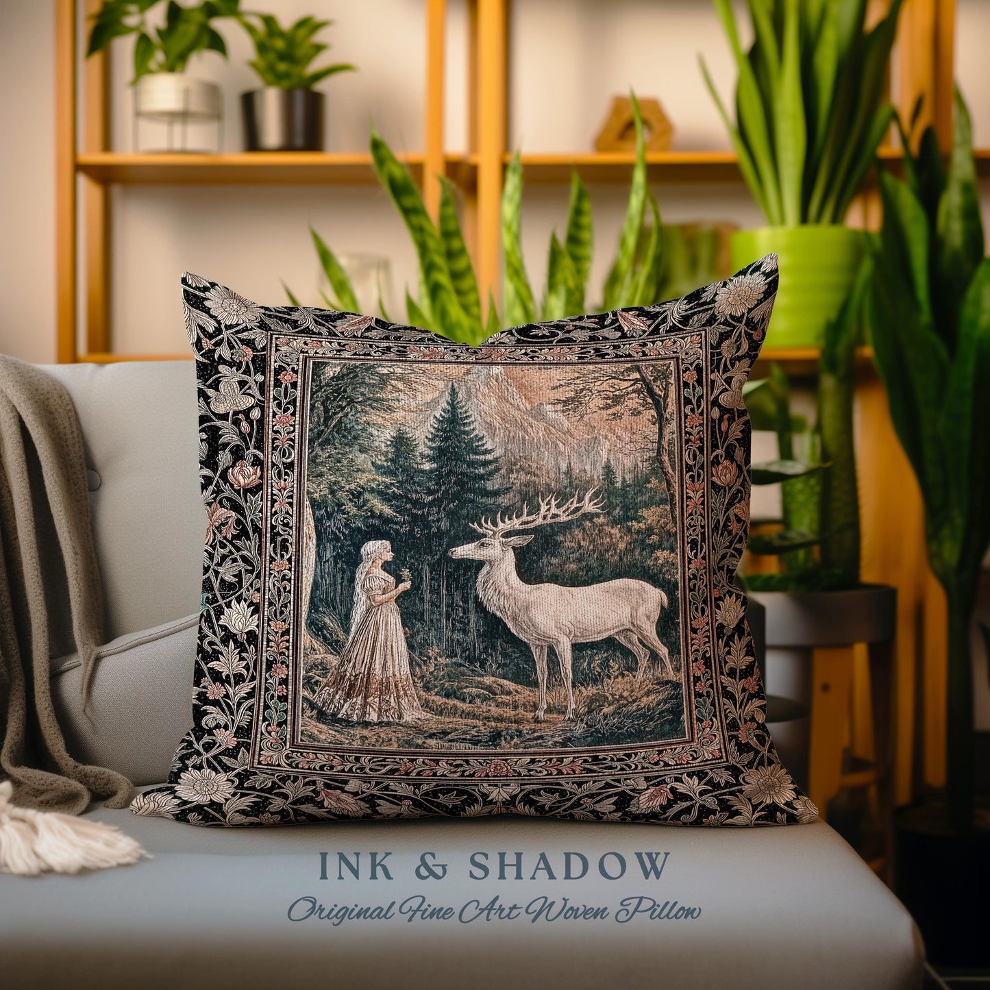 Mythic Landscape Gothic Forest Pillow | Woodland Goddess Mystic Deer Woven Tapestry Cushion Forest Nymph Fairycore Magical Botanical Scene